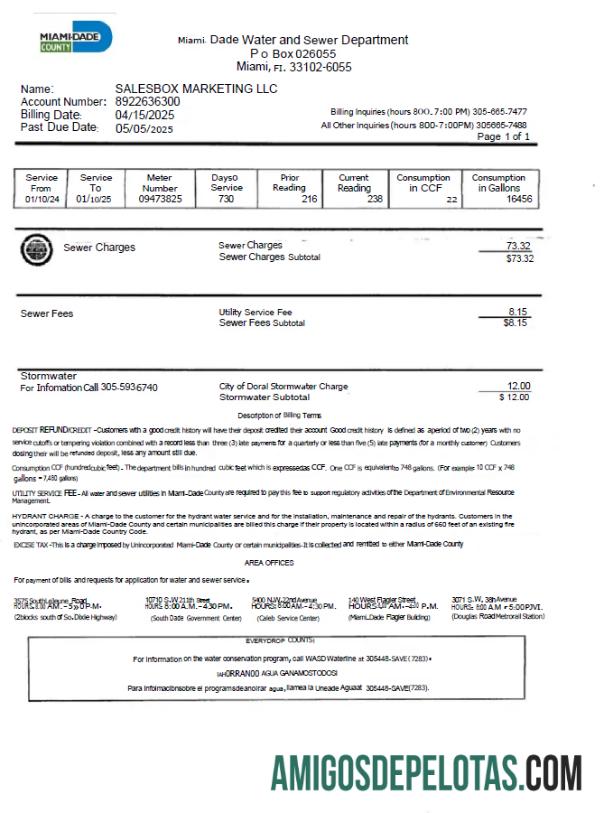 Para baixar modelo de conta de serviços públicos dos EUA Miami Dade em formatos Word e PDF